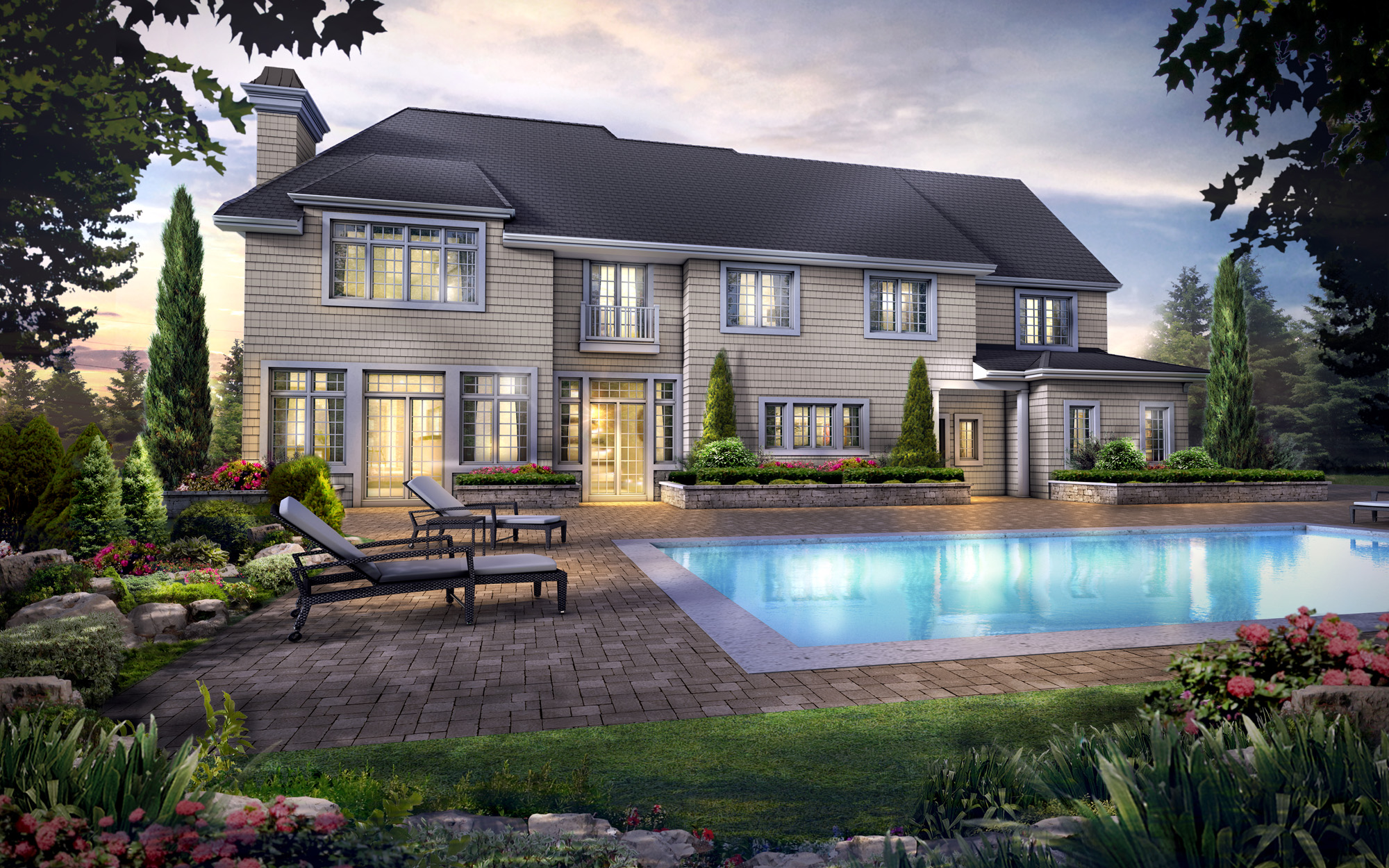 Exterior Rendering - Single Family House - 3D Rendering of Home with Backyard Outdoor Pool