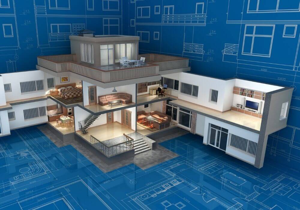 3d architectural rendering on blue print