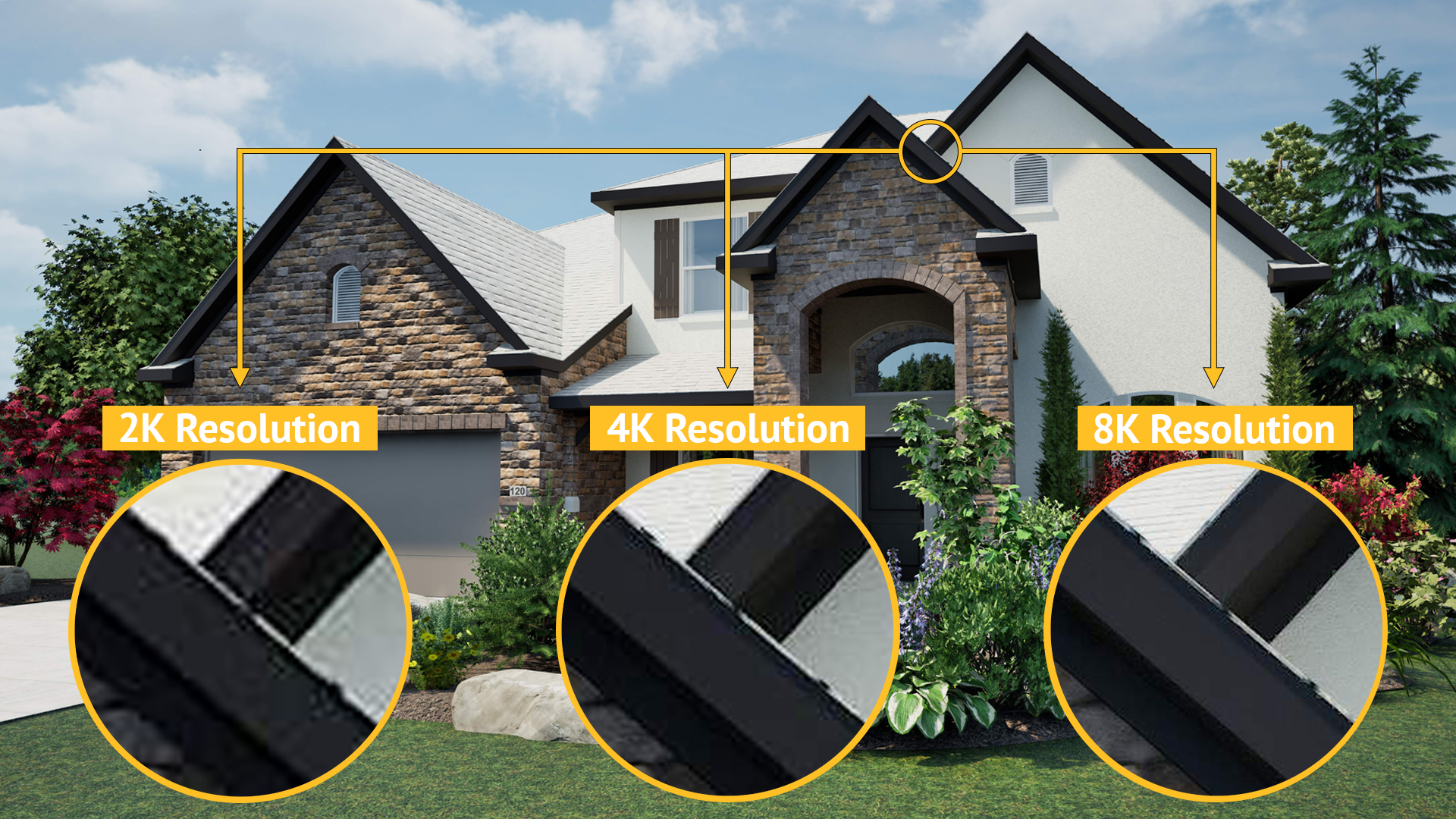 A high-quality architectural rendering of a modern home showcasing exterior renderings at different resolutions: 2K, 4K, and 8K. The image highlights the increasing level of detail and realism in home renderings, with magnified sections comparing texture sharpness and clarity.