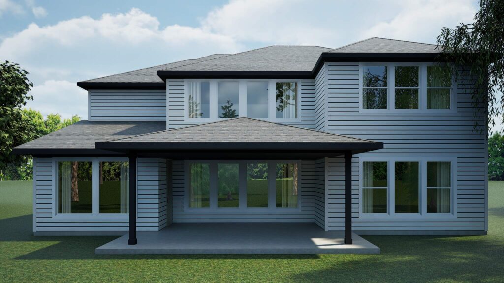 A rear rendering view of the same house displaying a large covered patio, white siding exterior, expansive windows, and a spacious backyard.