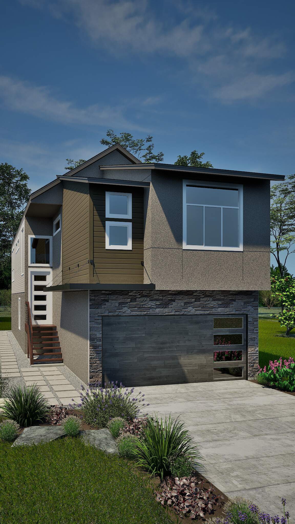 Modern-Split-Level-Hom A high-quality vertical exterior rendering of a modern multi-story home, optimized for social media. This architectural rendering showcases detailed home features in a 2K resolution format.