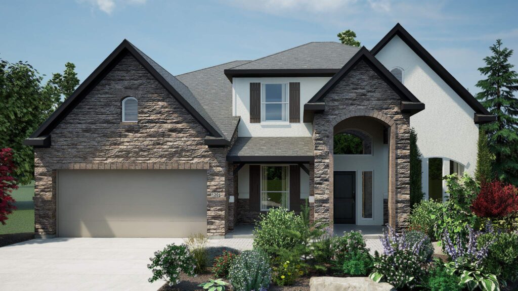 High-quality 3D home rendering of a two-story house with a stone and stucco exterior, arched entryway, and detailed landscaping.