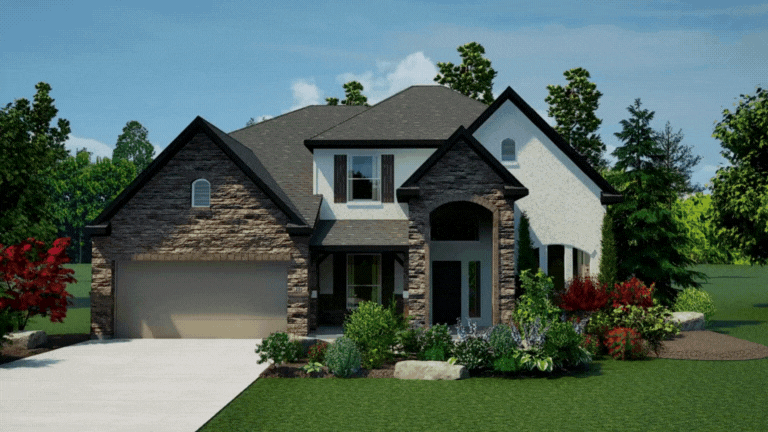 An interactive 3D exterior rendering platform displaying seamless movement between the front and side views of a home, providing a dynamic perspective for architectural renderings.