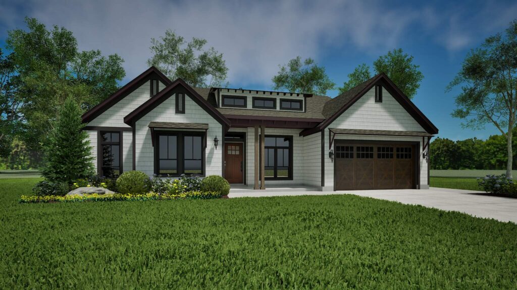 white cabin bungalow with dark brown accents