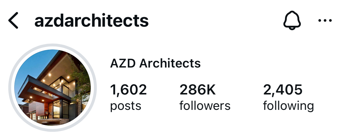 Instagram profile photo of AZD Architects, showing a modern residential building with strong geometric lines and warm exterior lighting.