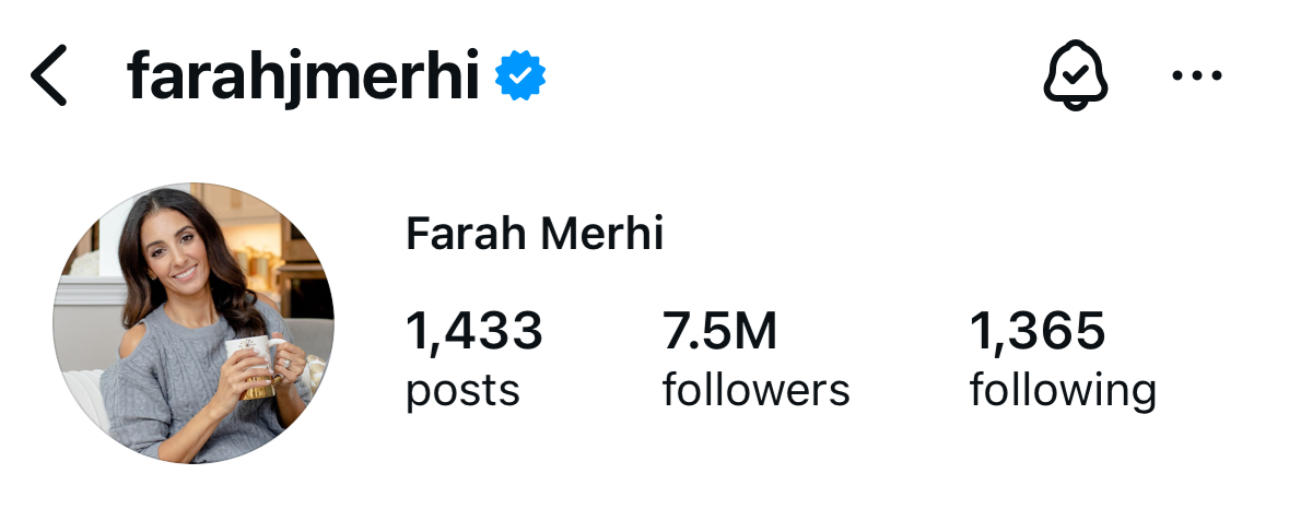Instagram profile photo of Farah Merhi, smiling and holding a mug, reflecting her approachable interior design and lifestyle brand.