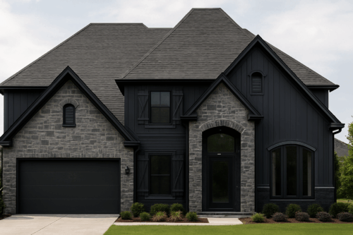 AI rendering of a modern two-story home with dark stone façade and black siding.