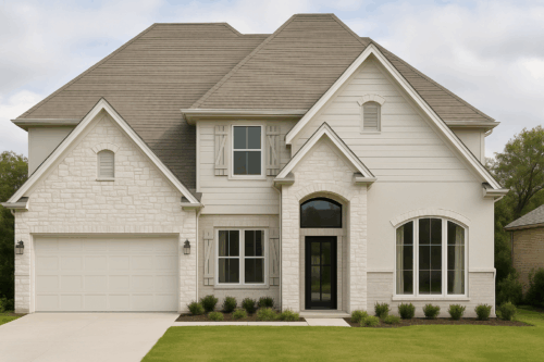 Two-story AI rendering with light stone, white siding, and white shutters.