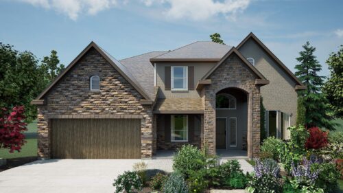 Photorealistic endering of a two-story home with brown stone exterior, wood garage door, and neutral roof.