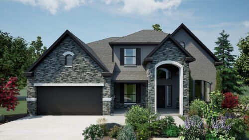 Exterior rendering of a two-story home with dark gray stone façade, black shutters, and landscaped yard.