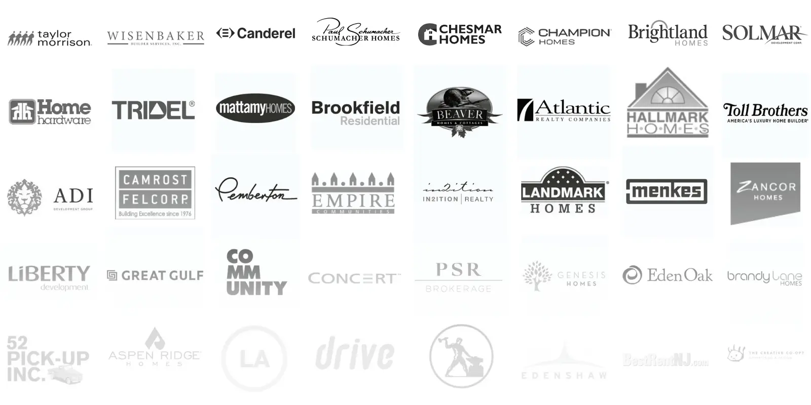 aareas-clients-logos Greyscale logos of Aareas Interactive’s home builder and developer clients.