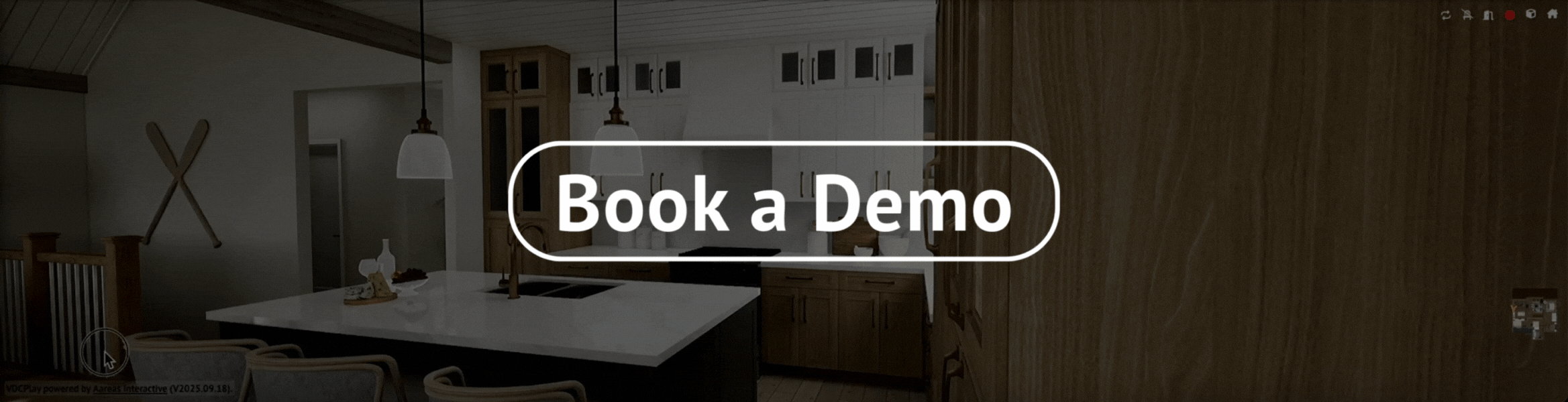 Camera pans from kitchen to dining area with a fireplace as stone finishes change, moving through the living room toward a window — showing material customization inside the Virtual Design Center home configurator.