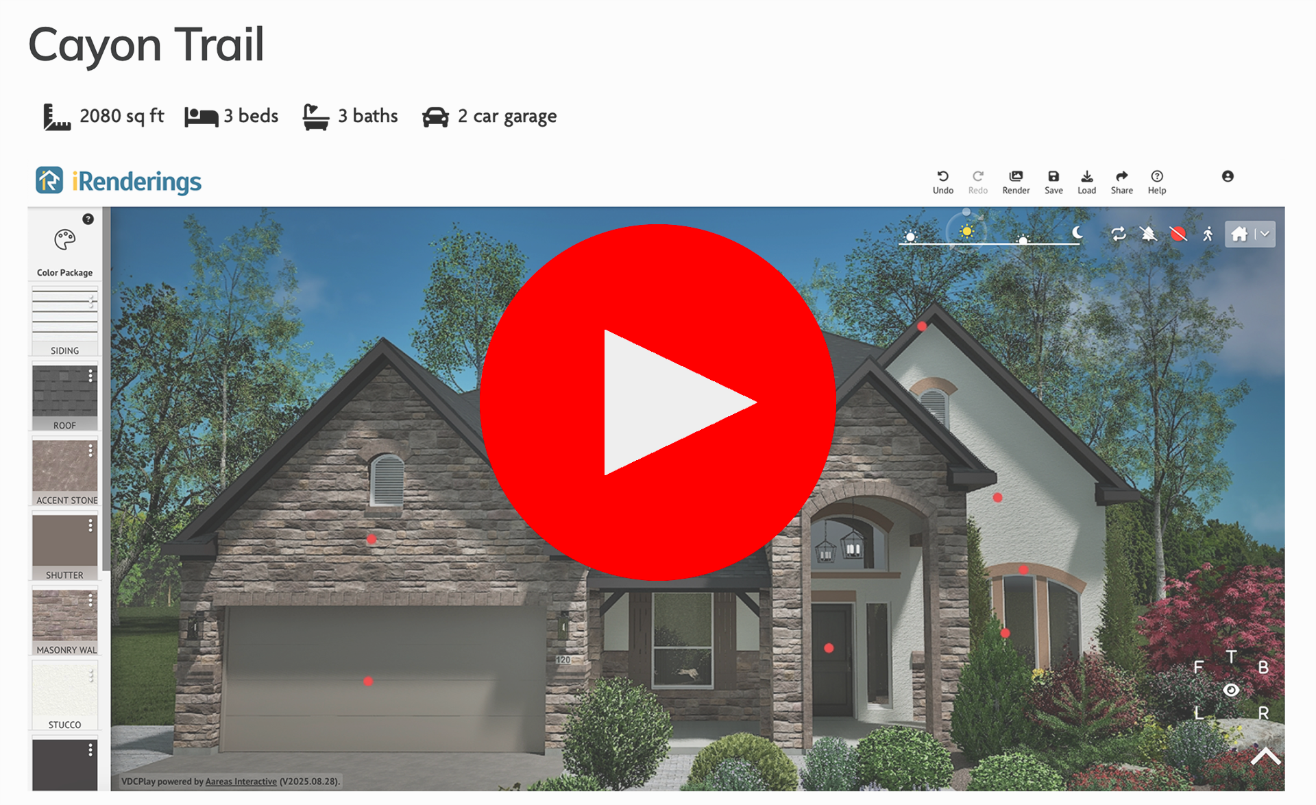 A two-story suburban home displayed inside the iRenderings exterior configurator, showing customizable siding, roof, stone, shutter, and stucco options. The interface includes material swatches on the left and editing tools across the top as the 3D exterior model updates in real time.
