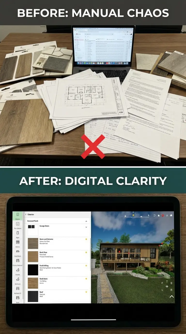 Before-and-after comparison showing manual home-selection chaos with papers and samples versus a clean digital selections platform with organized options and a 3D home view.