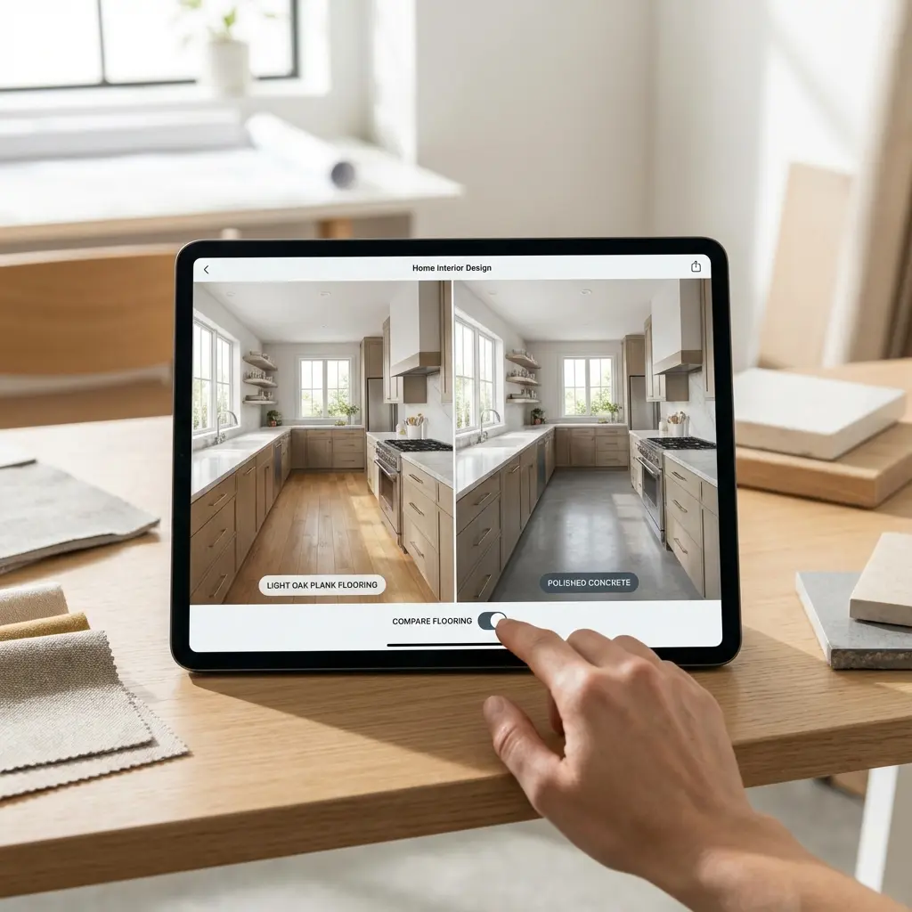 Tablet showing a side-by-side comparison of kitchen flooring options—light oak plank and polished concrete—demonstrating how buyers visualize materials digitally.